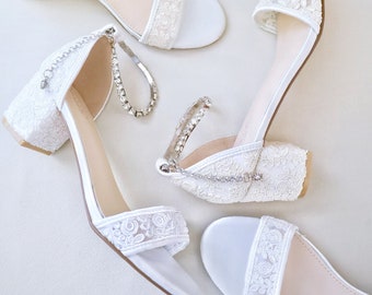 Crochet Lace Block Heel Wedding Sandals with Eternity Rhinestones Strap - Bridesmaids Shoes, Women Sandals, Bridal Shoes, Wedding Sandals