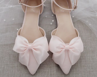 Dusty Pink Satin Pointy Toe flats with Front Satin Bow, Women Wedding Shoes, Blush Pink Bridesmaid Shoes, Women Shoes