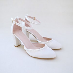 Ivory Satin Block Heel with Mini Pearls, Women Wedding Shoes, Bridal Shoes, Bridal Heels, Bride Heels