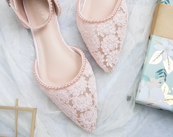 Dusty Pink Crochet Lace Pointy toe flats with Mini Pearls - Women Wedding Shoes, Bridesmaid Shoes, Blue Shoes