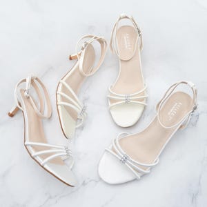 White & Ivory Satin Ankle Strap Low Heel Sandals with with Rhinestones, Wedding Shoes, Bridesmaid Shoes, Women Sandals, Kitten Heels