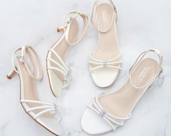 White & Ivory Satin Ankle Strap Low Heel Sandals with with Rhinestones, Wedding Shoes, Bridesmaid Shoes, Women Sandals, Kitten Heels