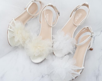 White & Ivory Satin Ankle Strap Low Heel Sandals with with Ophelia Flowers, Wedding Shoes, Bridesmaid Shoes, Women Sandals, Kitten Heels