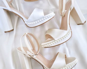 White & Ivory Satin Platform Block Heel Wedding Sandals with Pearls - Women Wedding Shoes, Bridesmaid Shoes, Bridal Shoes, Wedding Heels