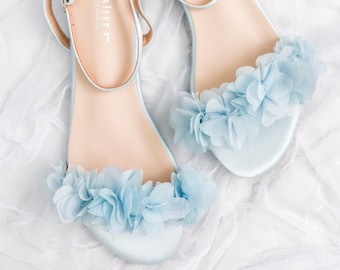 Light Blue Satin Flat Sandal with CHIFFON FLOWERS, Bridesmaid Shoes, Women Sandals, Kids Sandals, Mommy and Me Shoes