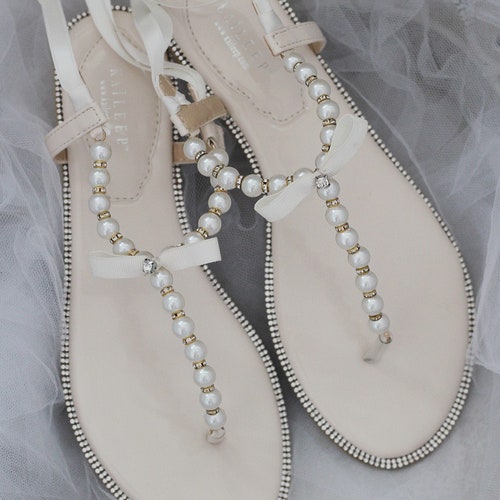 Women and Kids Pearl Wedding Flat Sandals off White T-strap - Etsy