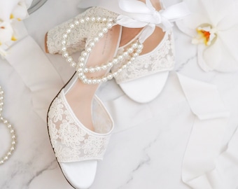 White and Ivory Crochet Lace Block Heel Sandals with Double Pearls Ankle Strap - Wedding Shoes, Wedding Heels, Bridal Shoes, Bridal Heels