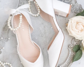 Satin Almond Toe Block Heel with Pearl Ankle Strap, Women Wedding Shoes, Bridesmaids Shoes, Bridal Shoes, Wedding Lace Heels