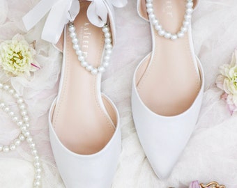 White Satin Pointy Toe Flats with PEARLS ANKLE STRAP, Satin Wedding Shoes, Bride Shoes, White Bridal Shoes, White Wedding Shoes, Women Flats