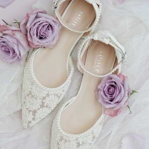 Ivory Crochet Lace Pointy toe flats with MINI PEARLS , Women Wedding Shoes, Bridal Flats, Bride Shoes, Lace Flats