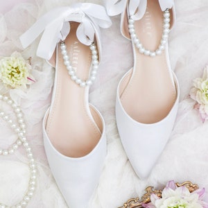 White Satin Pointy Toe Flats with PEARLS ANKLE STRAP, Satin Wedding Shoes, Bride Shoes, White Bridal Shoes, White Wedding Shoes, Women Flats