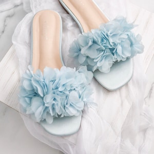 Light Blue Satin Slip on Sandals with Chiffon Flowers - Bridal Sandals, Bridesmaids Sandals, Wedding Sandals