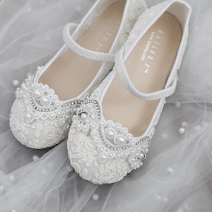 White Crochet Lace Mary Jane Flats with Small Pearls Applique - For flower girls, baptism shoes, christening shoes