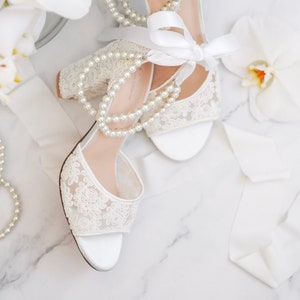 White and Ivory Crochet Lace Block Heel Sandals with Double Pearls Ankle Strap - Wedding Shoes, Wedding Heels, Bridal Shoes, Bridal Heels