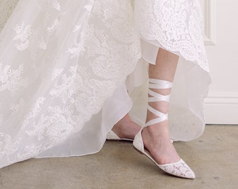 White Crochet Lace Pointy Toe Flats - Women Wedding Shoes, Bridesmaid Shoes, Bridal Flats, Wedding Flats, Bridal Lace Shoes, Bride Shoes