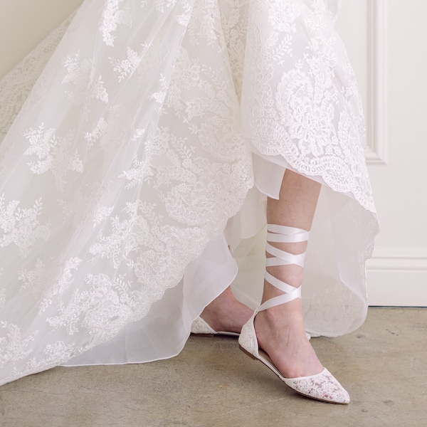 White Crochet Lace Pointy Toe Flats - Women Wedding Shoes, Bridesmaid Shoes, Bridal Flats, Wedding Flats, Bridal Lace Shoes, Bride Shoes