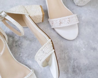 Crochet Lace Block Heel Wedding Sandals with Mini Pearls - Bridesmaid Shoes, Jr. Bridesmaids Shoes, Women Sandals, Bridal Shoes