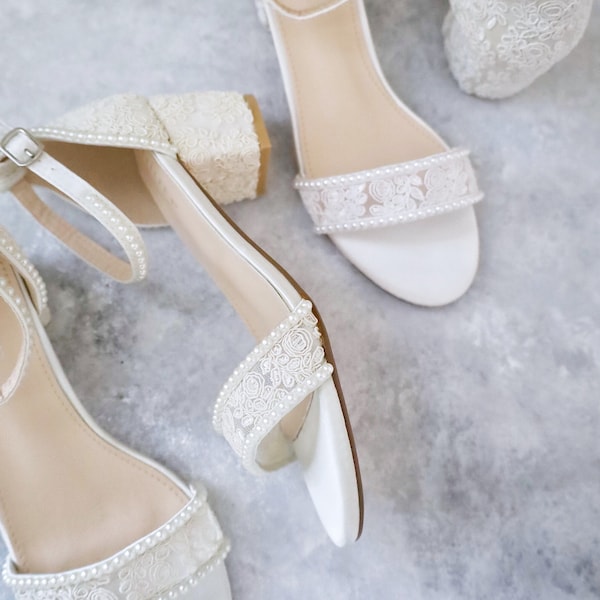 Crochet Lace Block Heel Wedding Sandals with Mini Pearls - Bridesmaid Shoes, Jr. Bridesmaids Shoes, Women Sandals, Bridal Shoes