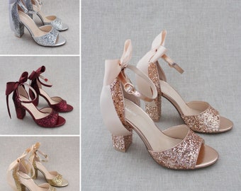 Rock Glitter Block Heel Sandals with SATIN BACK BOW - Women Wedding Shoes, Bridesmaids Shoes, Bridal Shoes, Holiday Shoes