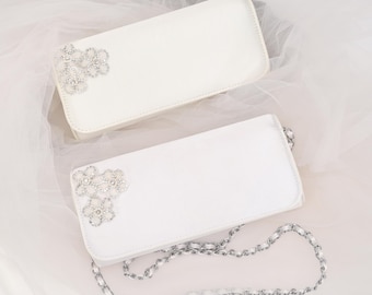 Satin Bridal Clutch with Rhinestones Chassia Flowers, Bridal Clutch, Bridesmaids Clutch, Wedding Accessories, Wedding Gift, Evening Clutch