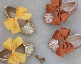 GOLD & ROSE GOLD Rock Glitter Maryjane with satin bow for flower girl shoes, holiday shoes, birthday shoes, Pageant shoes, Fall girls shoes