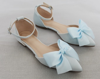 Light Blue Satin Pointy Toe flats with Front Satin Bow, Women Wedding Shoes, Blush Pink Bridesmaid Shoes, Women Shoes