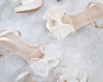 White & Ivory Satin Platform Block Heel Wedding Sandals with Sheer Organza Bow - Women Wedding Shoes, Bridal High Heel, Wedding Heels