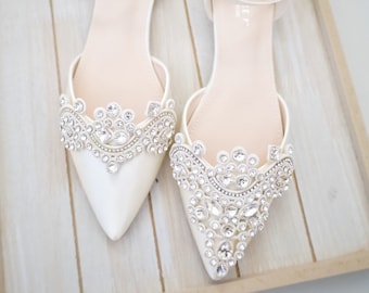 Ivory Satin Pointy Toe Flats with Sparkly RHINESTONES APPLIQUE , Fall Wedding Shoes, Bridesmaid Shoes, Ivory Bridal Shoes, Bride Shoes