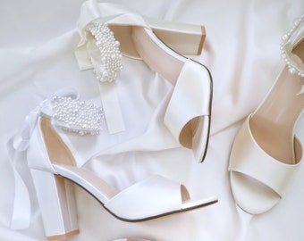 White & Ivory Satin Block Heel Wedding Sandals with Perla Ankle Strap - Women Wedding Shoes, Bridal Shoes, Wedding Heels