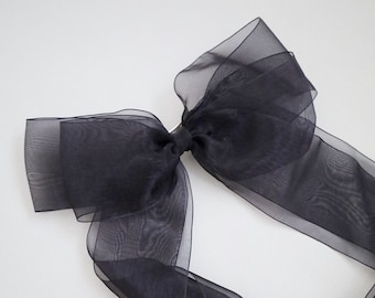 Oversized Black Organza Long Tail Bow, Wedding Hair Accessories, Flower Girls Bows, Party Bows, Hair Barrette, Birthday Accessories