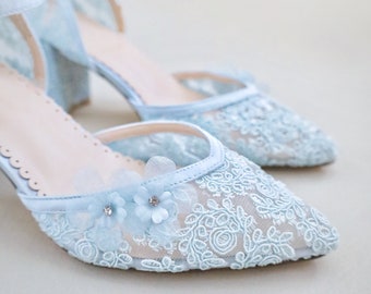 Light Blue Crochet Lace Almond Toe Block Heel with Flower Appliques - Women Wedding Shoes, Bridesmaids Shoes, Bridal Shoes, Something Blue
