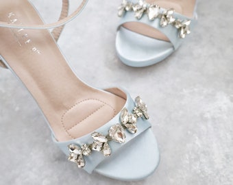 Light Blue Satin Platform Block Heel Wedding Sandals with Navette Rhinestones - Women Wedding Shoes, Bridal High Heel, Wedding Heels