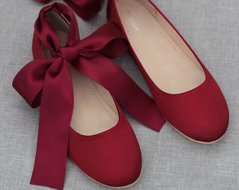 Women Shoes | Burgundy Satin Round Toe Flats with Satin Ankle Tie or Ballerina Lace Up, Fall Wedding Shoes, Holiday Shoes, Bridesmaids Shoes