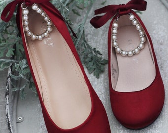 Women & Kids Shoes | Burgundy Satin Flats with Pearls Ankle Strap - Flower girls shoes, Fall Wedding Shoes, Bridesmaids Shoes, Holiday Shoes