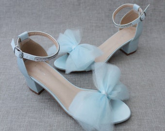 Light Blue Satin Block Heel Sandal with Front Oversized TULLE BOW, Women Sandals, Bridesmaid Shoes, Flower Girls Shoes, Something Blue