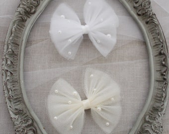 BUTTERFLY TULLE BOW with Scattered Pearls -  Hair Clips, Holiday Hair Bows, Flower Girls Bows, Party Bows, Baby Headband