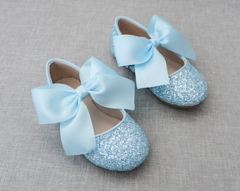 Light Blue Rock glitter mary-jane with satin bow for flower girls - Flower girl shoes, Holiday Shoes