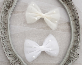 TUXEDO TULLE BOW with Scattered Pearls -  Hair Clips, Flower Girls Bows, Party Bow, Communion Hair Bow, Baby Headband, Shoe Clips