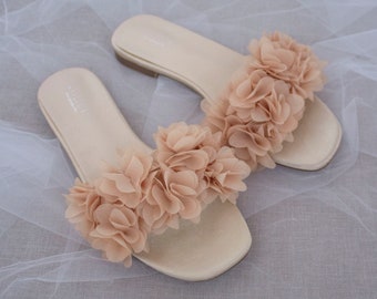 Champagne Satin Slide Sandals with allover CHIFFON FLOWERS - Fall Bridal Sandals, Bridesmaids Sandals, Wedding Sandals, Flower Sandals