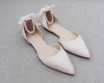 Dusty Pink Satin Pointy Toe Flats with PEARLS ANKLE STRAP, Wedding Shoes, Pink Shoes, Bridesmaids Shoes, Blush Bridal Shoes, Women Flats