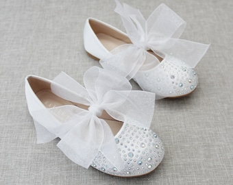 White Satin Mary Jane Flats with white CHIFFON BOW and Rhinestones- For flower girls shoes, baptism and christening shoes