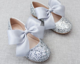 Silver Rock glitter mary-jane with SATIN ribbon bow - Flower Girl Shoes, Toddler Shoes - Girls Glitter Shoes, Holiday Shoes
