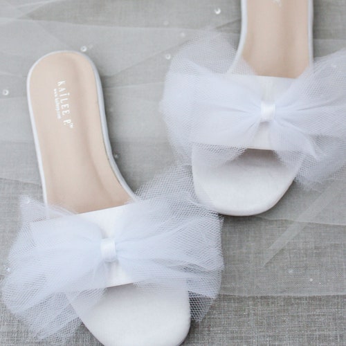 WHITE SATIN Slide Flat Sandals With Oversized Tulle Bow | Etsy