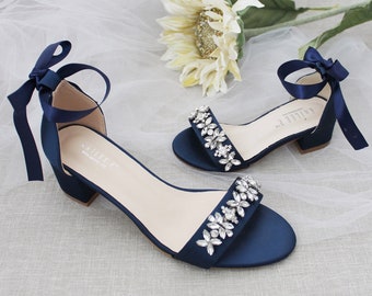 Navy Satin Block Heel Sandals with FLORAL RHINESTONES on Upper Strap, Women Sandals, Flower Girls Shoes, Holiday Shoes, Something Blue