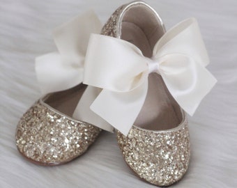 Gold Rock Glitter Maryjane with IVORY SATIN bow for flower girls, toddler girl shoes, party shoes, bow shoes, holiday shoes, fall wedding