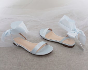 Light Blue Satin Flat Sandal with WRAPPED SATIN TIE, Bridesmaid Shoes, Women Sandals, Kids Sandals, Mommy and Me Shoes