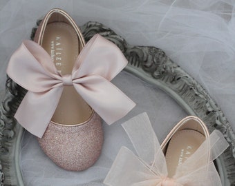 Rose Gold Fine Glitter Mary Jane Flats with BLUSH SATIN Bow or SHEER Bow, Flower Girls Shoes, Holiday Shoes, Party Shoes, Baby Glitter Shoes