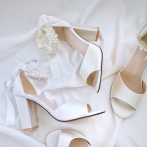 White & Ivory Satin Block Heel Wedding Sandals with Perla Ankle Strap - Women Wedding Shoes, Bridal Shoes, Wedding Heels