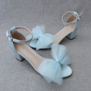 Light Blue Satin Block Heel Sandal with Front Oversized TULLE BOW, Women Sandals, Bridesmaid Shoes, Flower Girls Shoes, Something Blue
