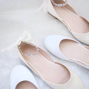 Ivory & White Satin Round Toe Wedding Flat with Amaryllis Strap, Wedding Shoes, Bridesmaids Shoes, Bridal Shoes, Bridal Flats